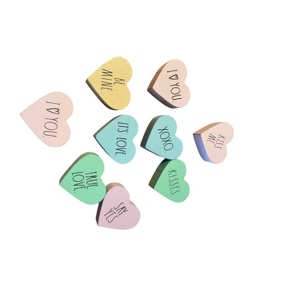 Valentines 9 Mini Wood Candy Conversation Hearts in Jar Decor Sweetheart Ornamen - Picture 1 of 10